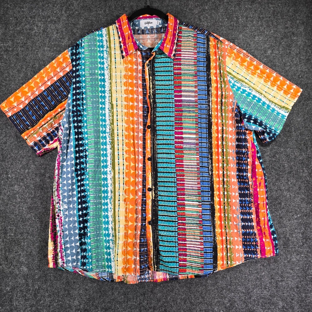 Vatpave Mens XXL Short Sleeve Button Down Shirt Multicolor Geometric Stripe Boho